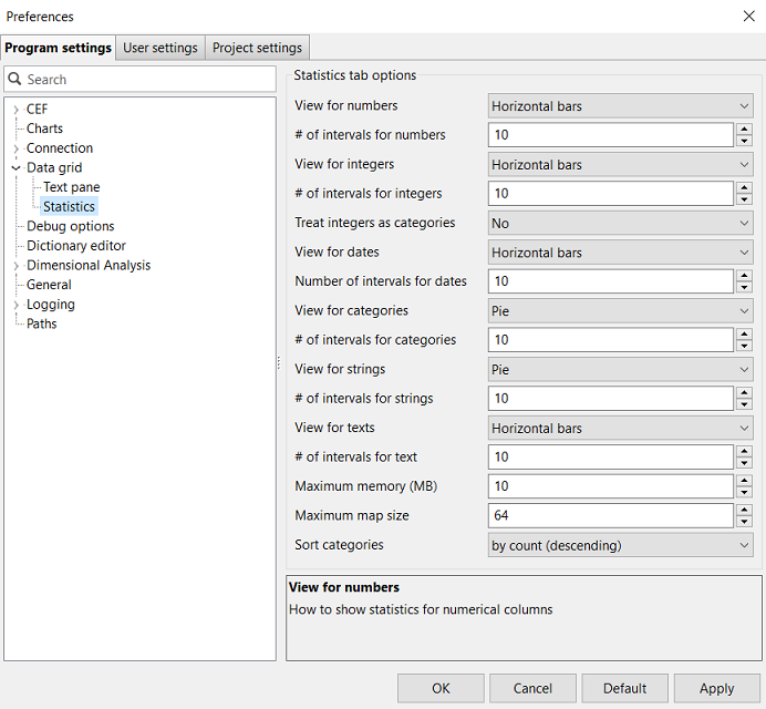 statistics tab options