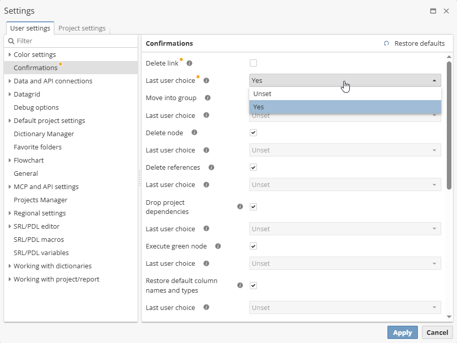 confirmation window options