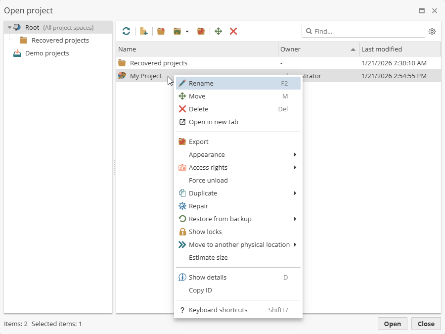 projects context menu