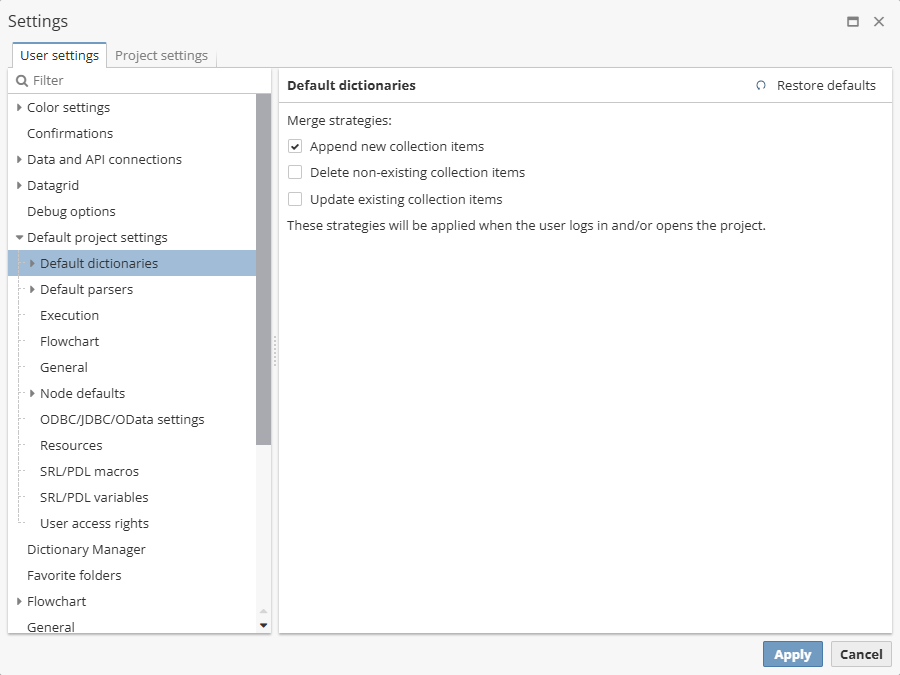 projects default settings