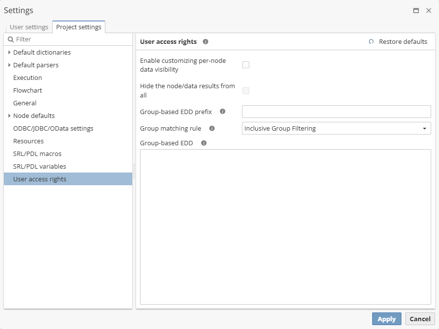 projects edit rights options