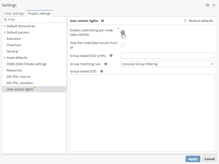projects edit rights options on
