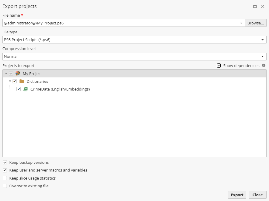 projects export dependencies