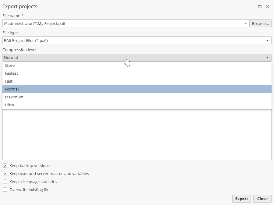projects export level