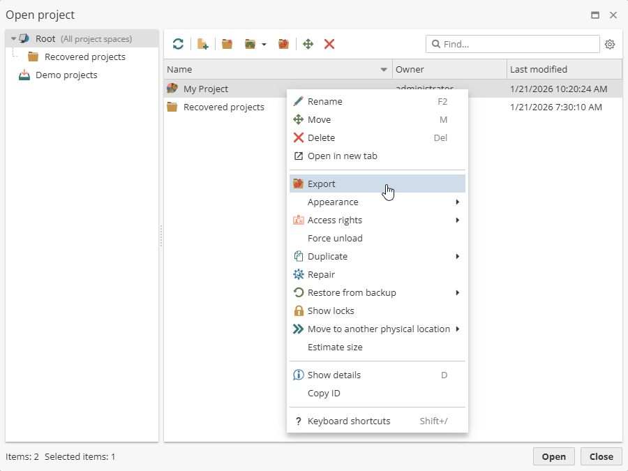 projects export menu