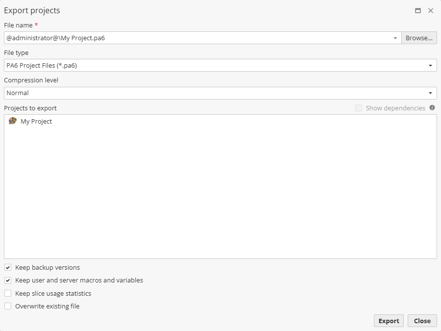 projects export window