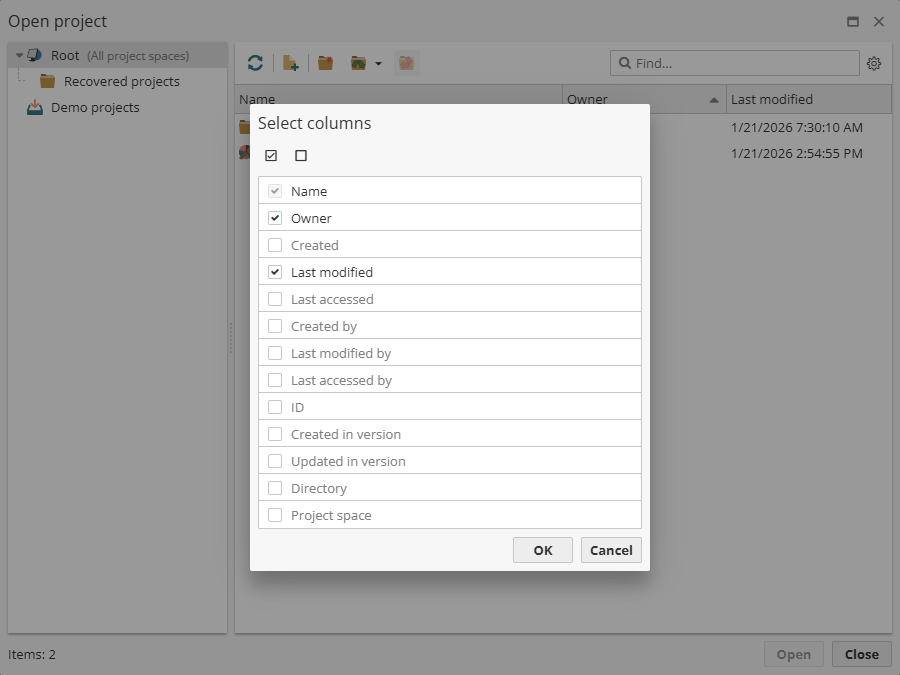 projects manage columns list