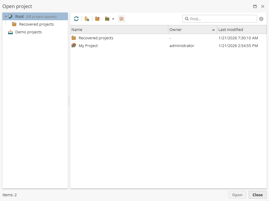 projects open project window
