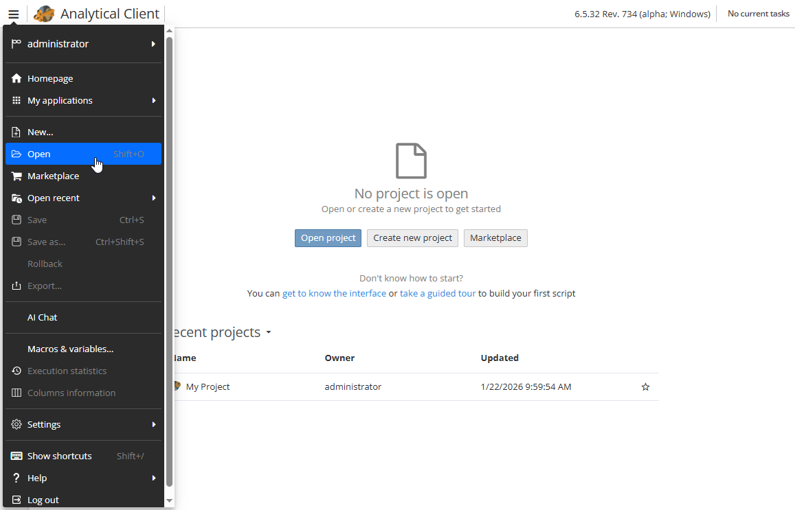 projects restore menu