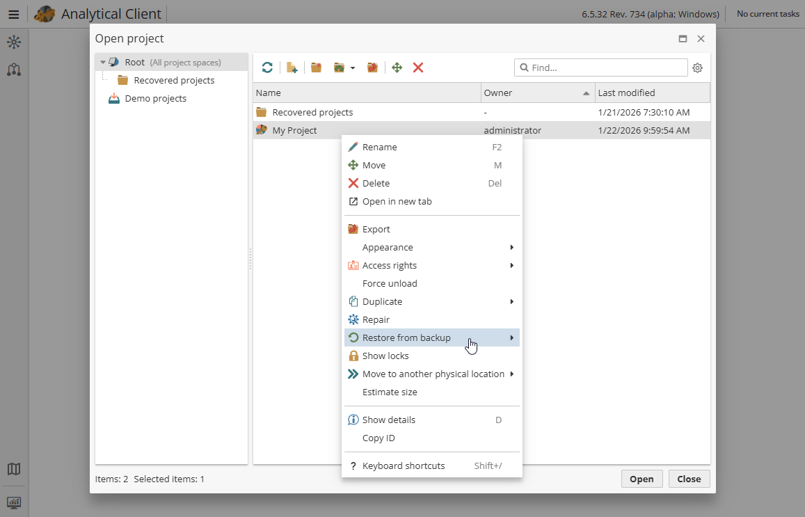 projects restore option