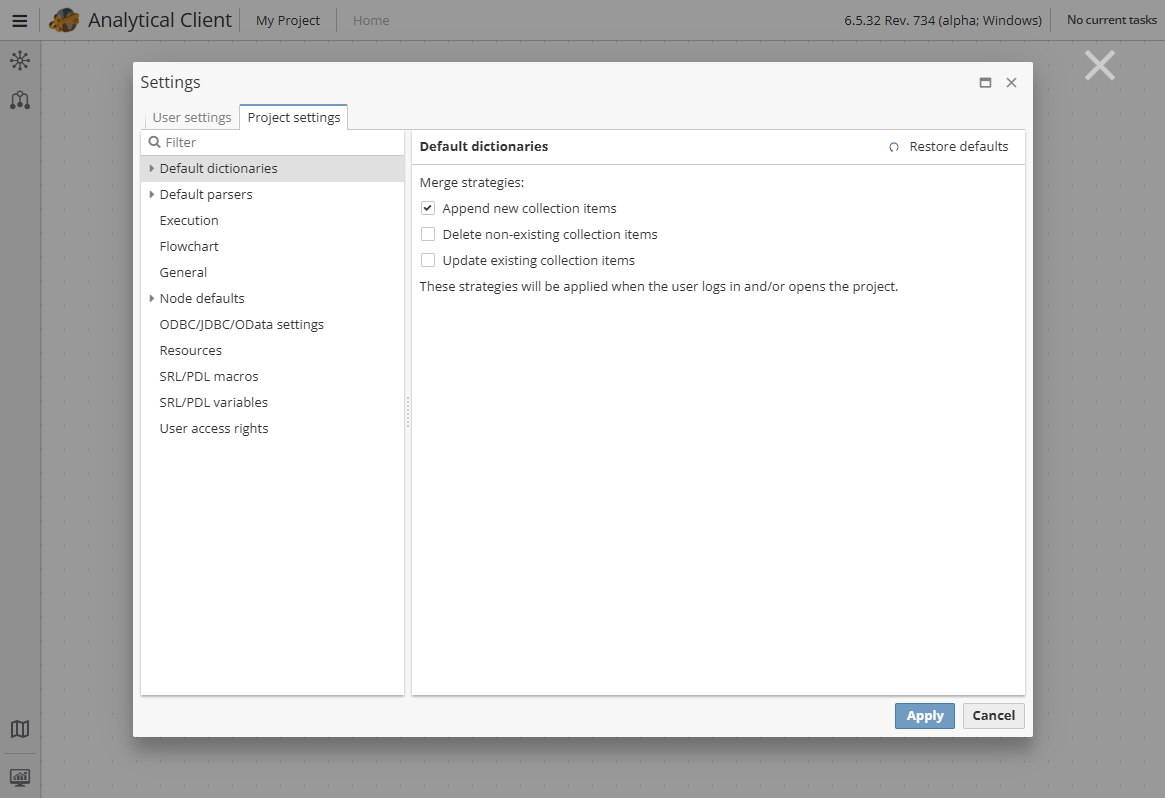 projects settings option