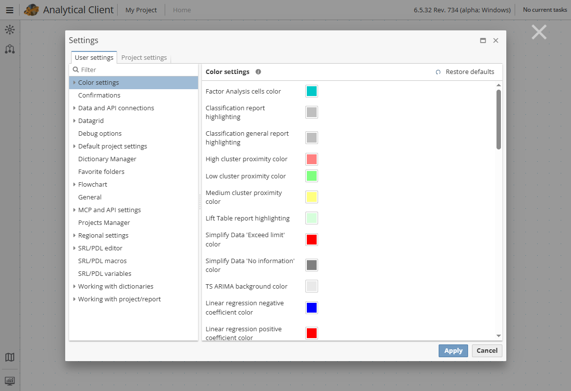 projects user settings list