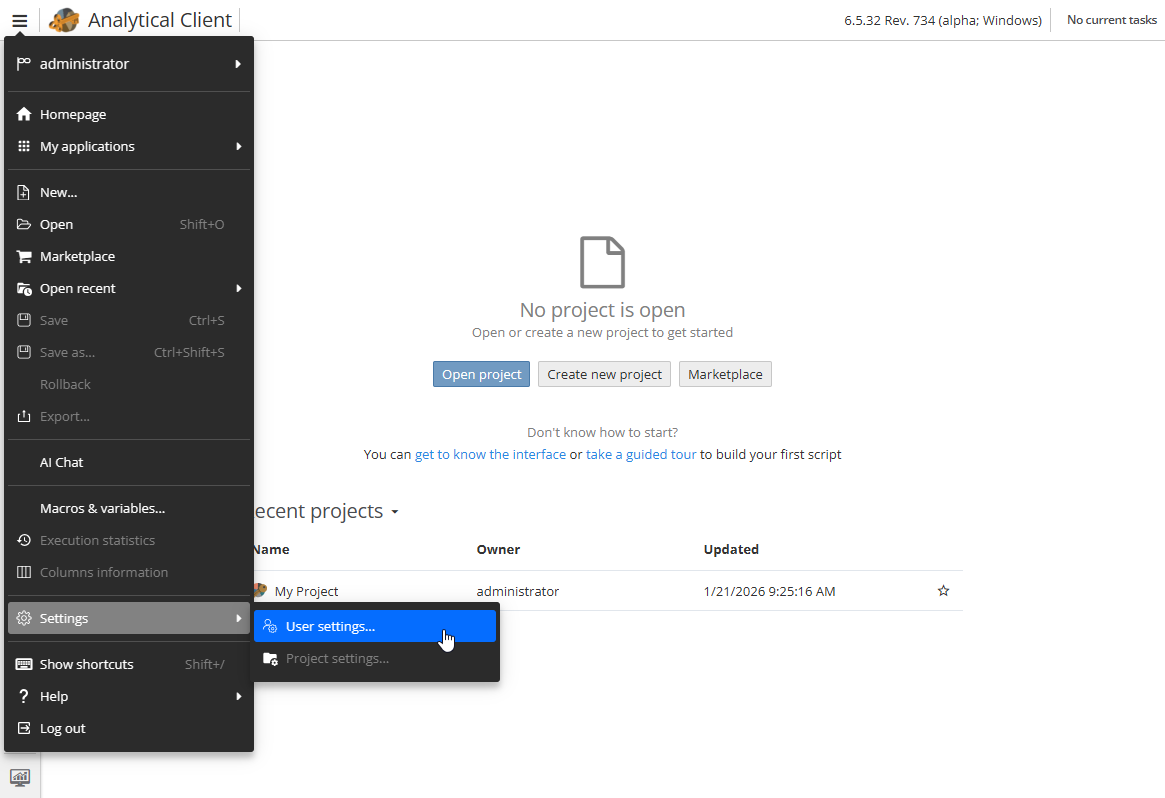 projects user settings option