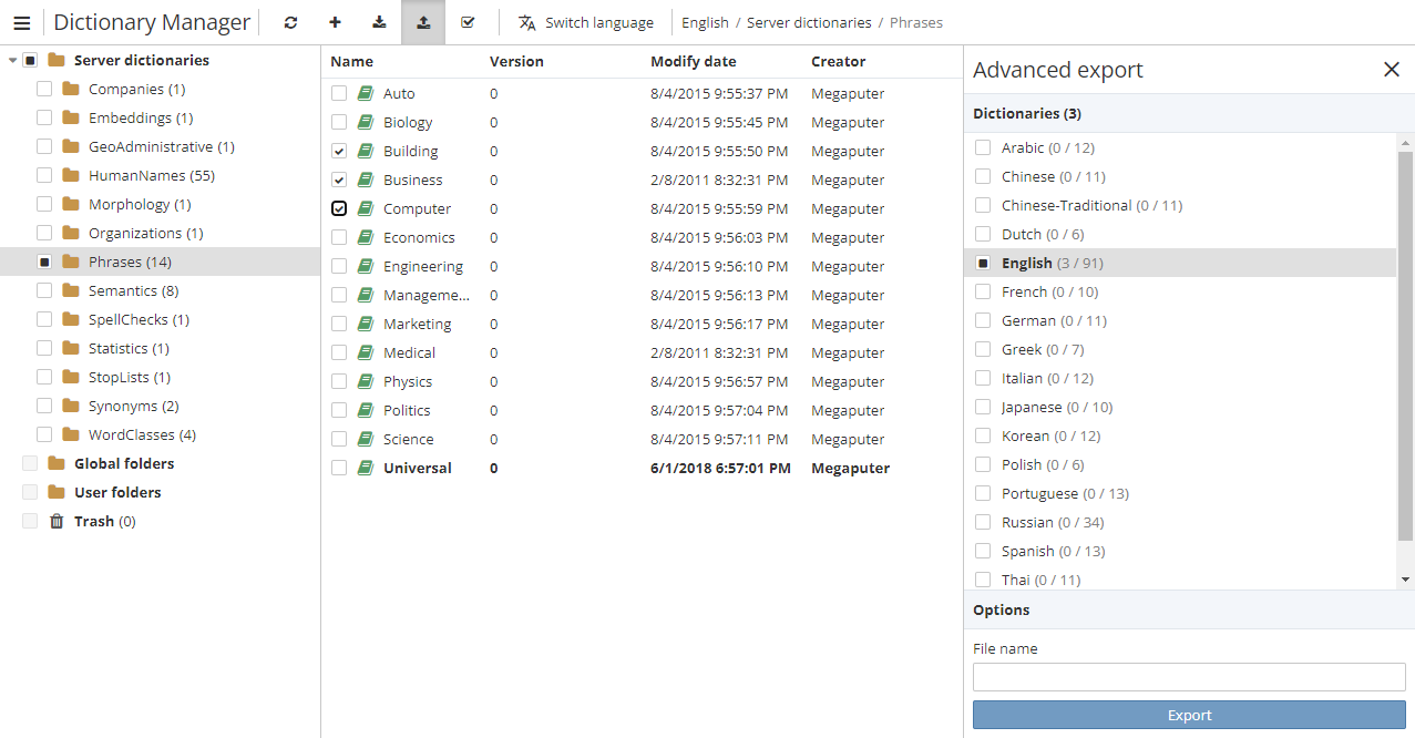 dict export extended