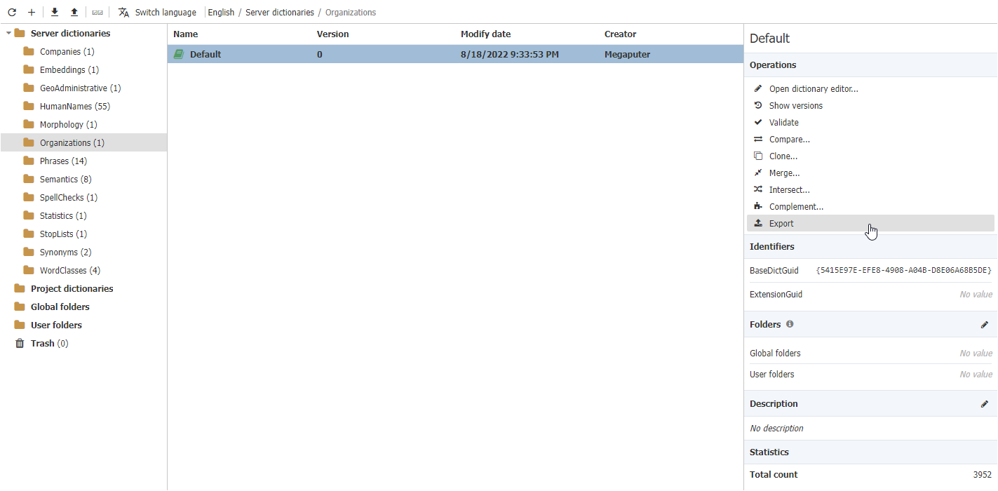 dict export native button