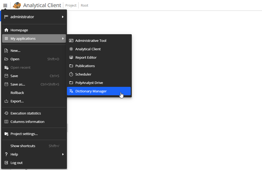 dict manag file menu
