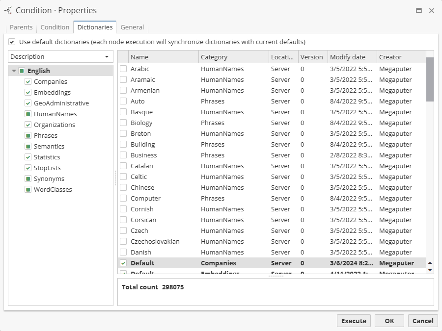 condition dictionaries tab