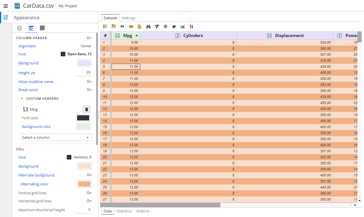 view table options example